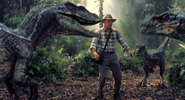 Sam Neill looking anxious in Jurassic Park 3