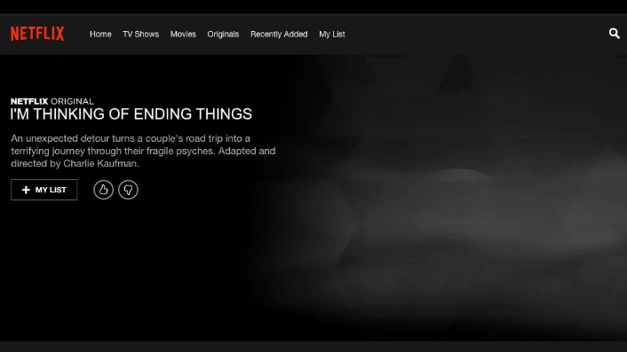 Netflix menu screen of Charlie Kaufman's I'm Thinking of Ending Things